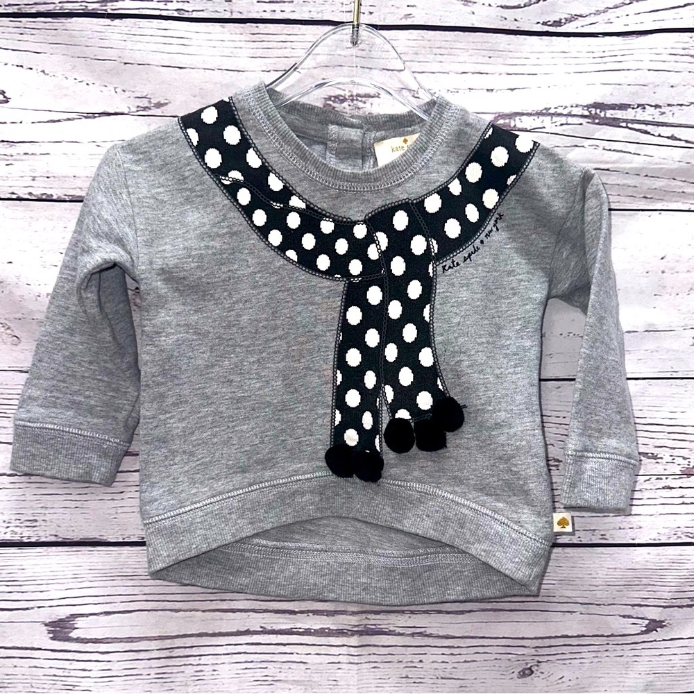 Kate Spade heather gray sweatshirt features polka dot scarf. Size 12 Months